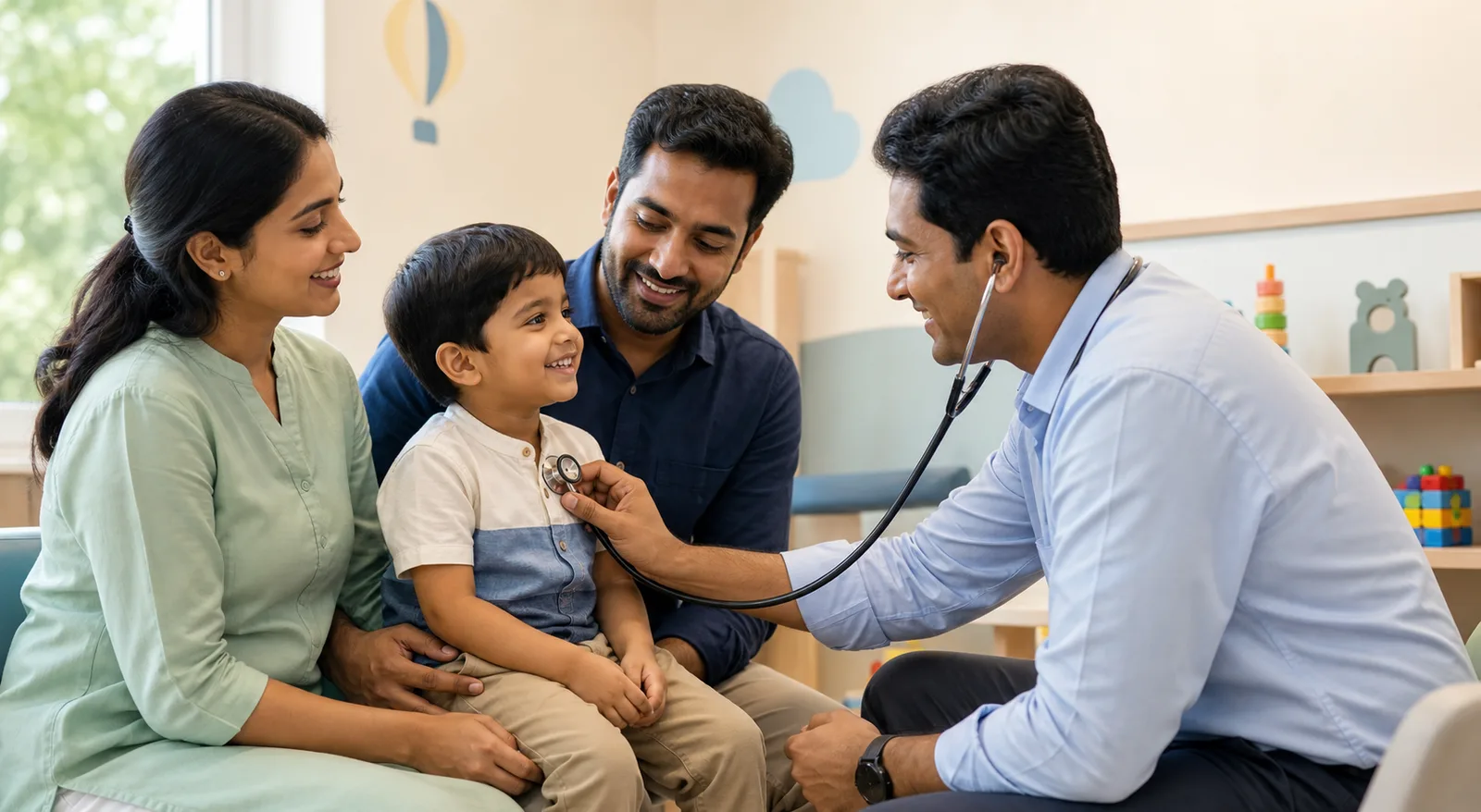 Representative image of a South Asian family in a reassuring pediatric consultation